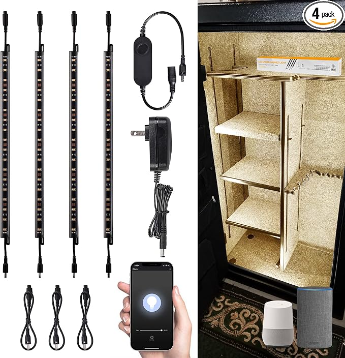TORCHSTAR Voice Control Smart LED Safe Lighting Kit, (4) 12 Inch Dimmable Linkable Light Bars, Compatible with Alexa&Rocker Switch, 100-240V UL Power Adapter 600LM for Under Cabinet, 3000K Warm White