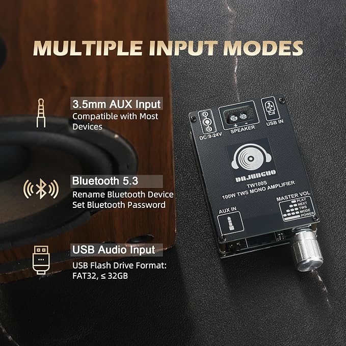 2PCS TW100S Mono Bluetooth Amplifier Board with TWS, 100W Vehicle Audio Amplifier with TPA3116, Wide Voltage Input 9-24V, Supports USB/AUX/Bluetooth Input