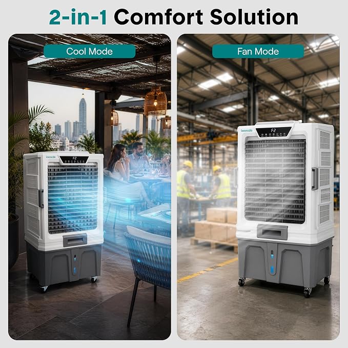 SereneLife Portable Swamp Cooler with 12000 CFM Power - Industrial Evaporative Air Cooler for Large Indoor & Outdoor Spaces, 150 L Tank, 60° Oscillation, 12-Hour Timer, Wi-Fi & Remote Control