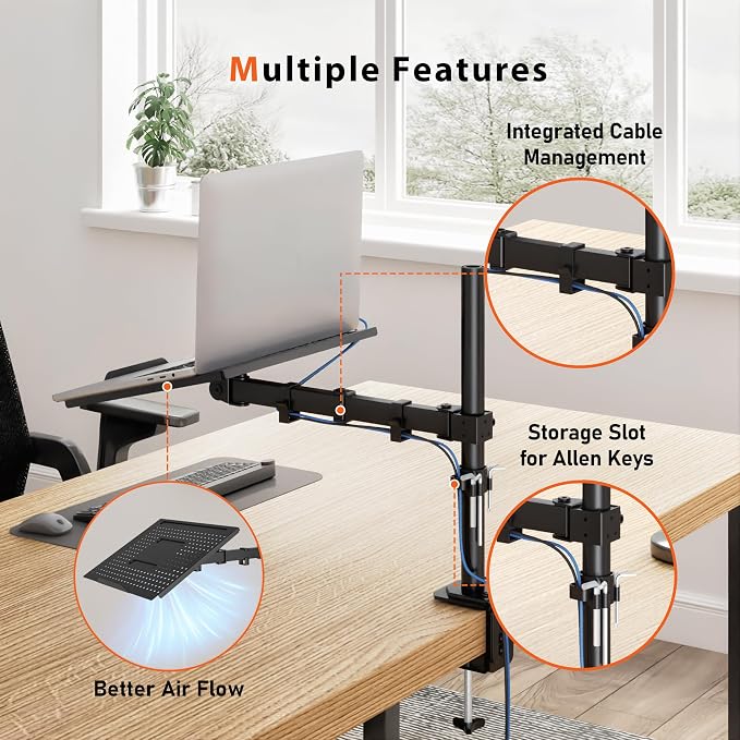Redbat Laptop Arm for Desk, Fully Adjustable Monitor Arm with Vented Tray for 13" to 32" LCD Screens and Notebook up to 17", Holds up to 22lbs, VESA 75/100 Compatible, Dual Mounting Options