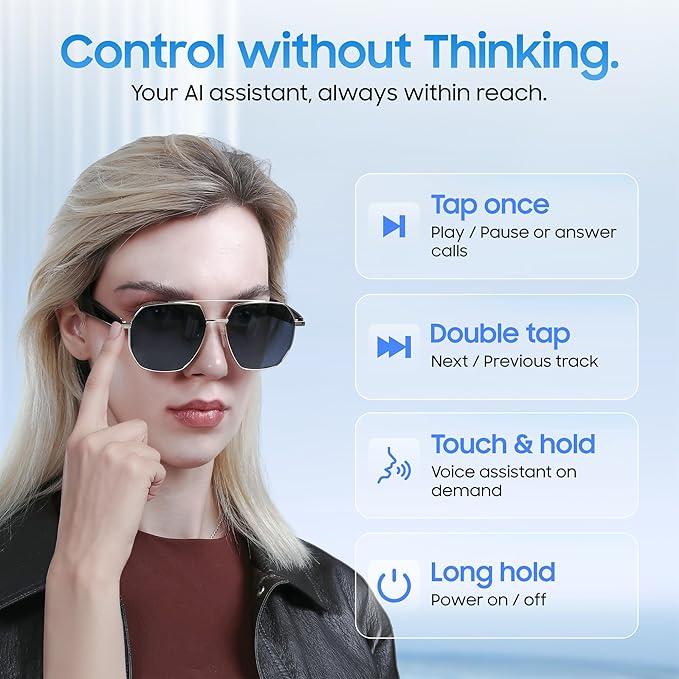 LIMU Gen 5 AI Smart Sunglasses - AI Glasses with Real-Time AI Interpreter, Open-Ear Bluetooth Audio for Calls & Music, Premium 33 g Metal Frame, Travel & Business Ready for Women & Men