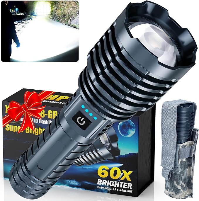 Super Bright Rechargeable LED Flashlights 2500,000High Lumens,Powerful Tactical Flashlight Up to 25H Long Battery Life|Zoomable|5Light Modes|IP67 Waterproof,Flashlights High Lumens for Camping (Grey)
