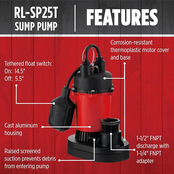 Red Lion RL-SP25T 115-Volt, 1/4 HP, 3088 GPH Aluminum and Thermoplastic Sump Pump with Tethered Switch and 8-Ft. Cord, Red, 14942739