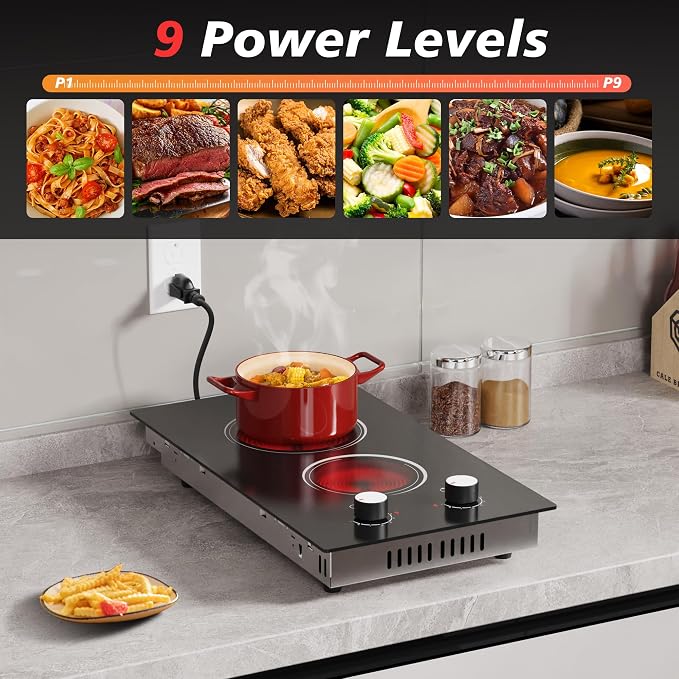 Electric Cooktop 2 Burner, 110V Electric Stove Top 2000W with Knob Control, 12 Inch Electric Radiant Cooktop Countertop & Built-in, Residual Heat Indicator, Over-Heat Protection, Plug in