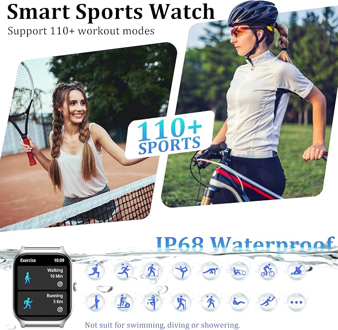 Smart Watch Women Men, 1.85’’ Reloj Inteligente para mujer hombre, Make/ Answer Call, Health Monitor/Blood Pressure, 110+ Sports Modes, Voice Control, IP68 Waterproof Compatible with Android & iPhone