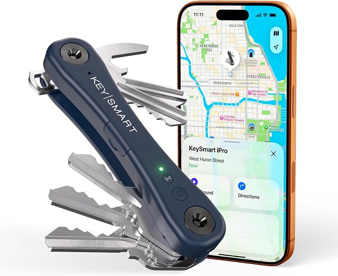 KeySmart iPro - Key Finder Locator with Sound, Keychain Key Holder, Apple Find My App Compatible, Key Organizer, Compact Clutter-Free Key Chain Tracker, Rechargeable Battery (Up to 14 Keys, Blue)