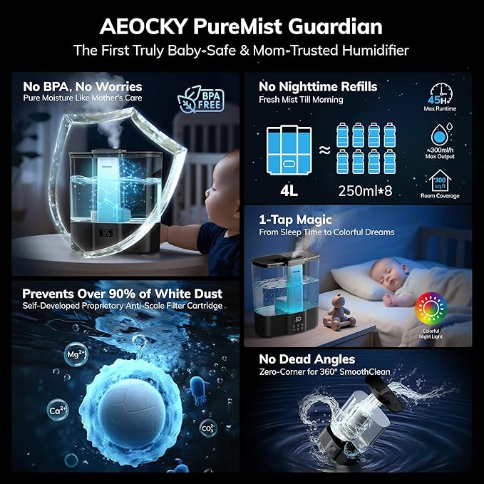 AEOCKY Geek-Level Humidifier for Baby, Quiet Ultrasonic Humidifiers for Bedroom, Nursery with Ambient Light, 4L Top-Fill Cool Mist Diffuser with Timer, Sleep, Auto, Constant Humidity Mode (Black)
