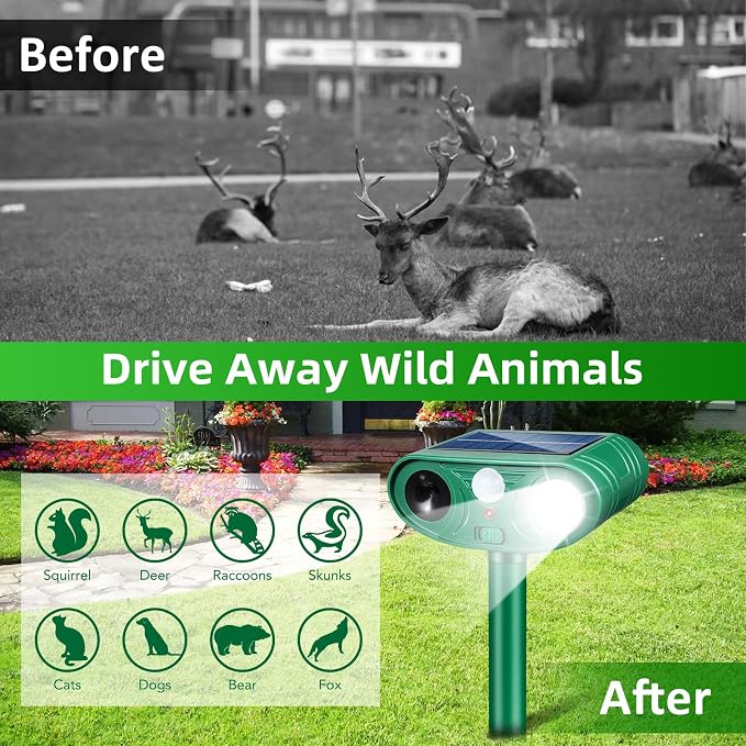 2026 Solar Ultrasonic Animal Repellent IP65 Waterproof Deer Repellent Devices Motion Activated Cat Deterrent Outdoor with Flash Light to Keep Squirrel Rabbit Raccoon Out of Garden & Yard, 4 Pack