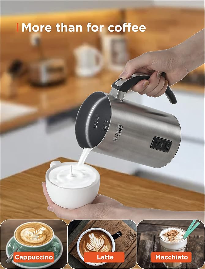Commercial Chef Cordless Milk Frother for Hot and Cold Milk, 1-Cup/240ml Capacity, Handheld Frother for Kitchen Coffee Bar, Cappuccino and More, Non-Stick Exterior, CHMF08S, Stainless Steel