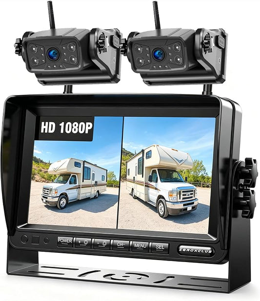 ZEROXCLUB Magnetic Wireless RV Backup Camera System: 7" HD 1080P DVR Monitor with 2-Rear Camera, DVR Monitor & IR Night Vision, Portable Rechargeable Camera for RV/Trailer/Fifth Wheels/Camper BC702