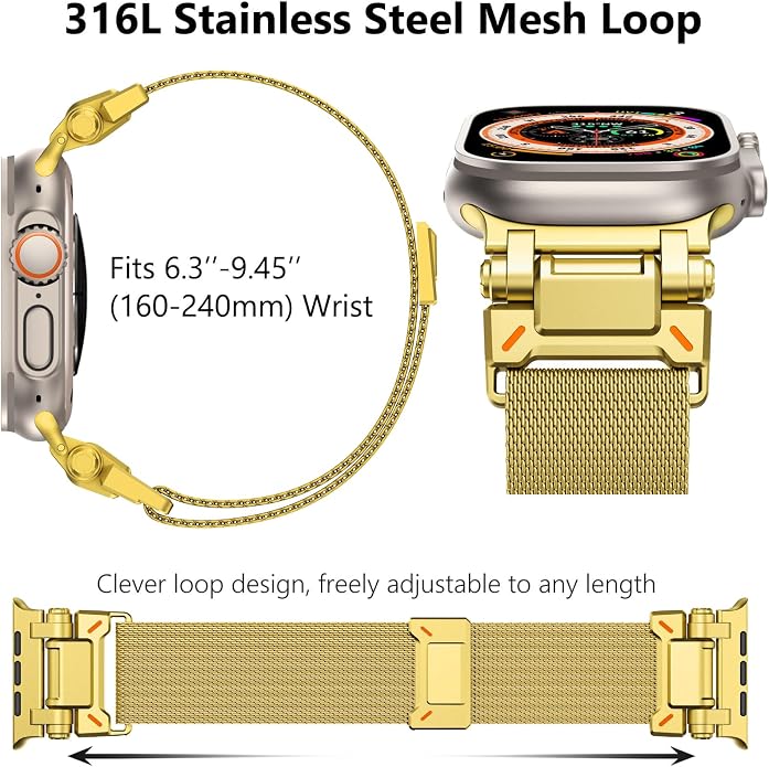 WINGLE Milanese Loop for Apple Watch Band Ultra 3/2/1 Band Ultra 49mm Series 11 10 46mm 45mm 44mm SE 3/2/1 Series 9 8 7 6 5 4 3 Men Women,Parachute-Style Buckle Stainless Steel Mesh Metal iWatch Bands