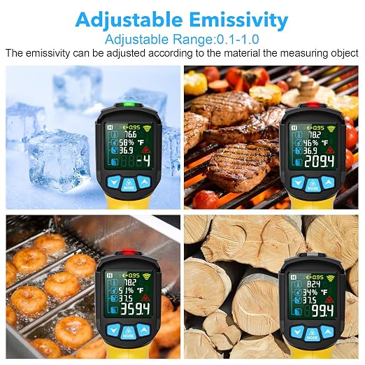 Infrared Thermometer Gun, TEMIRUP Non Contact Digital IR Laser Thermometer Temperature Gun with Probe for Cooking, Pizza Oven, Griddle, Humidity Measurement, Adjustable Emissivity -58°F to 1472°F
