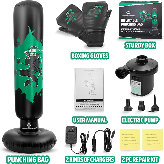 THB Punching Bag for Kids - Inflatable Punching Bag with Boxing Gloves for Kids Age 3-8, 63” Ninja Boxing Bag with Electric Air Pump to Practice Taekwondo, Karate, MMA, Bouncing Back