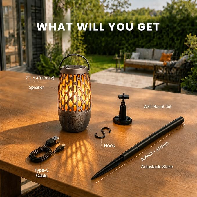 Outdoor Bluetooth Speaker with Flame Lights with IPX6 Waterpoof,10W HD Stereo Sound, Bluetooth 5.3 Led Flame Speaker,Decorations for Party Garden Patio (1 Pack)