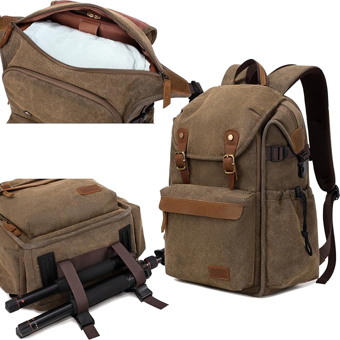 Vintage Canvas Camera Backpack (Charcoal Black) for DSLR/Mirrorless & Drone, Waterproof Photography Bag with 16" Laptop Compartment, Large Capacity Travel Camera Bag for Photographers