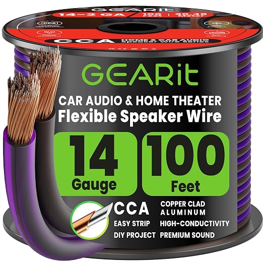 GEARit 14 Gauge Speaker Wire Purple 100 ft,Speaker Cable with Foot Markers & Polarity Markings,14 Gauge Wire for Car Audio & Home Theater Speakers,Audio Cable for DIY Installations,CCA(Black Purple)
