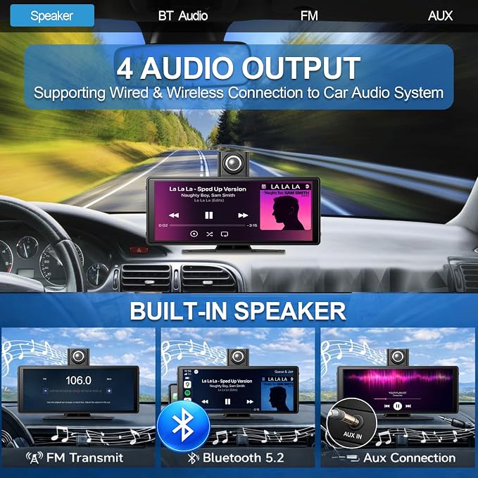 Wireless Carplay Screen for Car,10.26" Portable Apple Carplay and Android auto，4K Dash Cam with Rotatable Lens, 1080P Backup Camera, GPS Navigation, Mirror Link, Siri & Voice Control