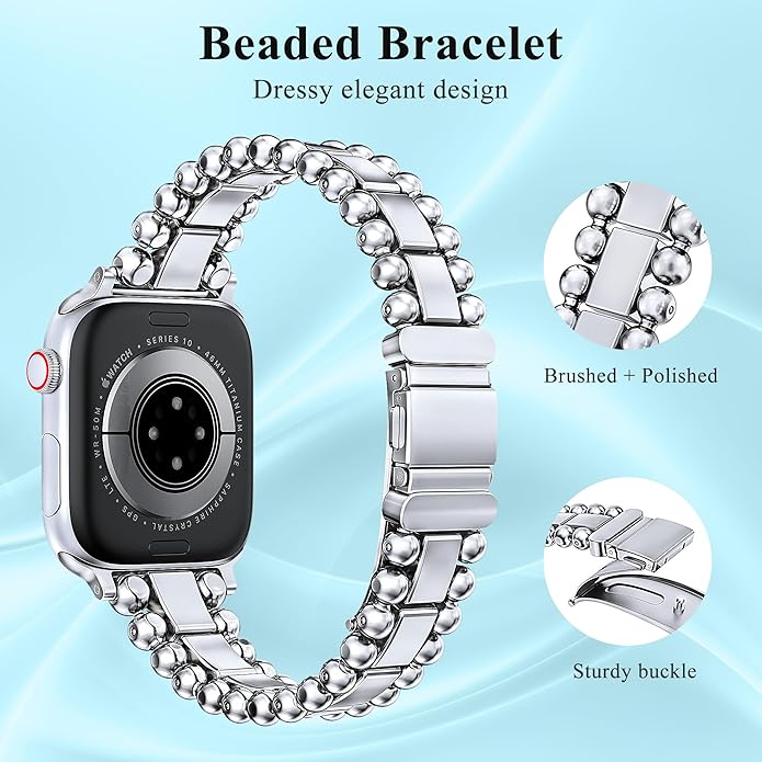 TOYOUTHS Beaded Bracelet Compatible with Apple Watch Bands 38/40/41/42/44/45/46/49mm Women, Dressy Fancy Stainless Steel Metal Elegant Jewelry Strap for iWatch Series 11 10 9 8 7 6 5 4 Ultra/SE 3 2 1