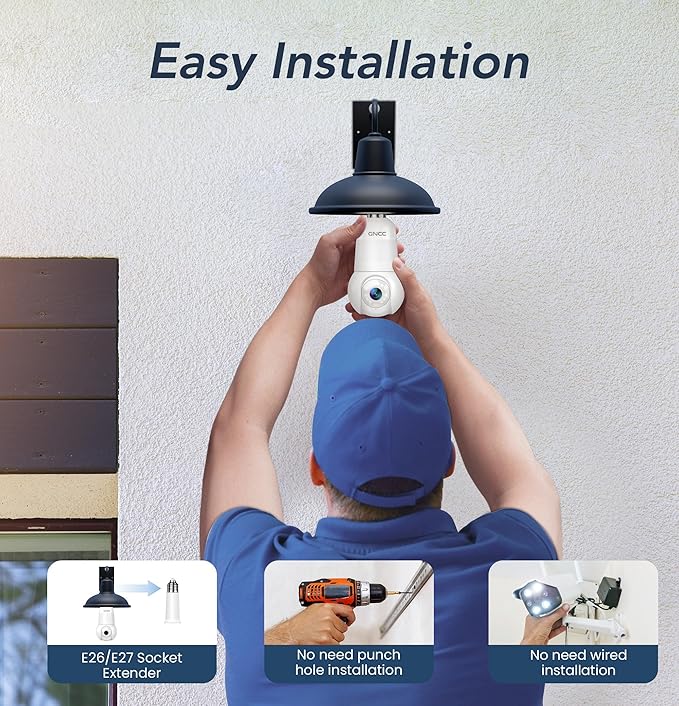 GNCC 2K Light Bulb Security Camera, 2.4G WiFi, Cloud Subscription Required | Easy Install, 350° Pan-Tilt, Motion Detect, 2-Way Audio, Color Night Vision, Light Bulb Timer, Dual Flexible Storage Options