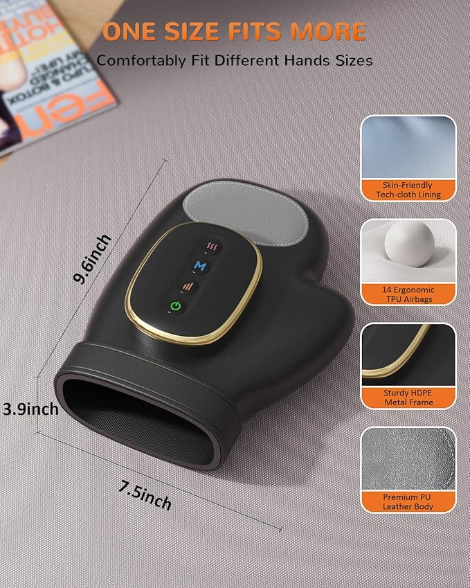 Hand Massager with Heat and Compression: Cordless Hand Massage Glove with 3 Modes, 5 Intensity & 3 Heat Therapy for Arthritis Carpal Tunnel Pain Relief - Fathers Day Dad Gifts (Black)