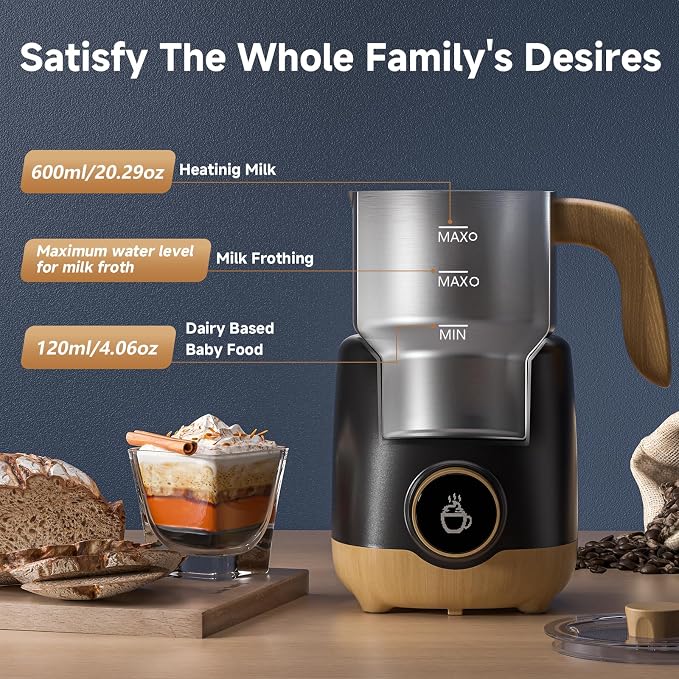 AMZCHEF 21 oz 8-in-1 Milk Frother, 550W Split Stainless Steel Automatic Steamer, Milk Warmer for Latte, Cappuccino, Hot Chocolate, Hot/Cold Froth, Heated Milk & Baby Food, Wood & Black