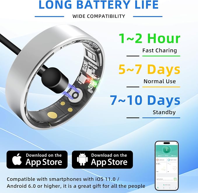 Smart Ring | No Subscription Fitness & Health Tracker Silver Size12 | 5ATM waterproof, 5day battery, Fitness & heart rate & SpO2 & pressure tracker, iOS & Android compatible, family care