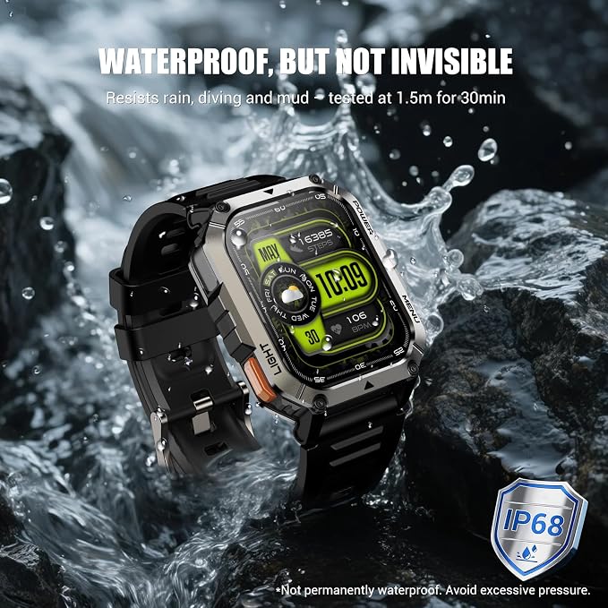 Military Tactical Smart Watches for Men, 100-Day Battery Rugged Fitness Watch with Compass & Flashlight, Sports Watch for Android with 2.01" HD Display AI Voice, IP68 Waterproof Smartwatch (Black)