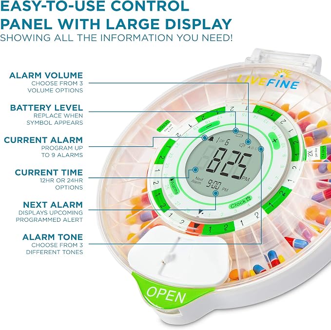 Live Fine 28-Day Automatic Pill Dispenser with Upgraded LCD Display, Key Lock, Sound & Light for Prescriptions, Medication, Vitamins, Supplements & More
