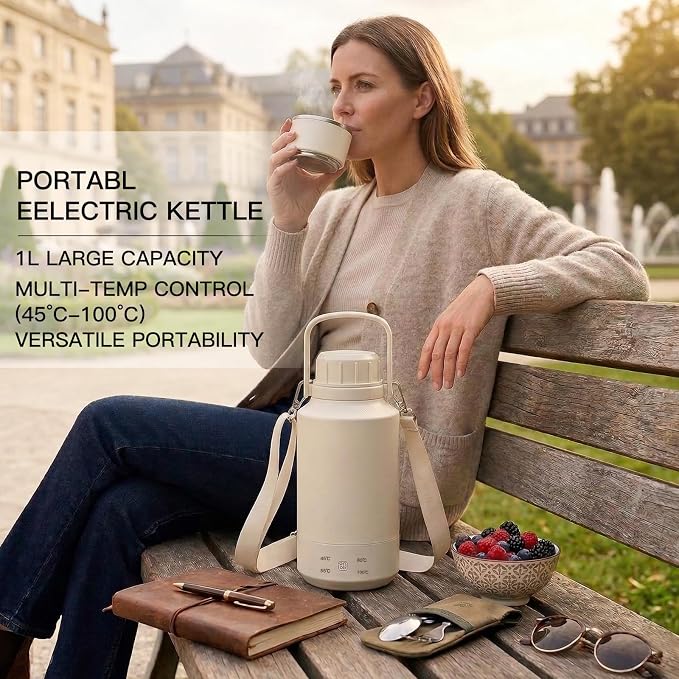MEGAWISE Portable Electric Heating Cup 1L, Travel Water Boiler with 4 Temperature Settings, 304 Stainless Steel Interior, 8H Keep Warm, Compact Electric Kettle for Office, Dorm & Travel
