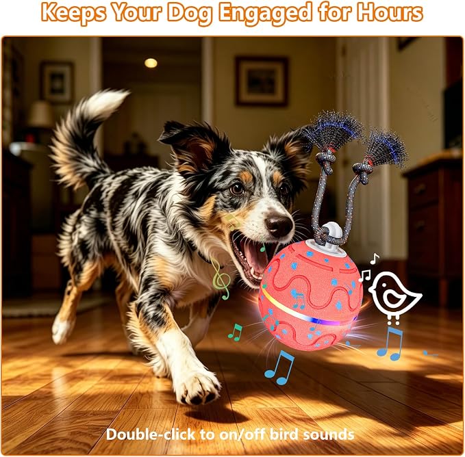 Smart Interactive Dog Ball – Automatic Moving, Bouncing & Rotating Toy for Medium/Large Dogs, E‑TPU Rolling Ball with Normal & Crazy Modes, Bird Sounds, Washable Cover, Type‑C Charging