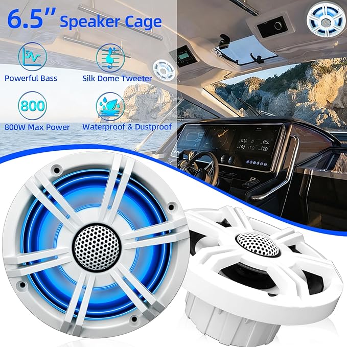 6.5" 800W Marine Speakers, IP-X6 Waterproof Boat Stereo Speakers with LED Lights, 2-Way Coaxial Audio, Y35 Woofer, UV & Salt Spray Resistant (Pair, White)