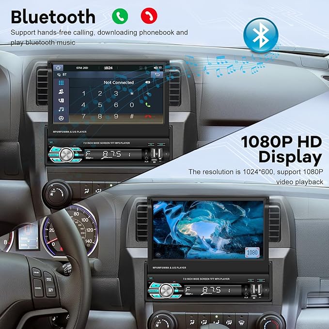 Single Din Flip Out Screen Car Stereo with Wireless Carplay and Android Auto, 7 inch 1 Din Touch Screen Radio Support Bluetooth/SWC/USB/FM + Backup Camera + Mic + Remote Control