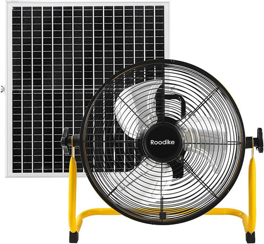 14" Solar Rechargeable Floor Fan, 35W Solar Powered Battery Operated Fans for Outdoor Garden Greenhouse Barn Stable Camping Garage Patio Air Circulation Cooling