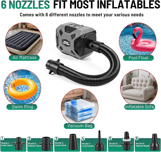 600W Electric Air Pump for Inflatables, High Power Air Mattress Pump with 6 Nozzles, Quick Inflate & Deflate Air Pump for Pool Floats, Vacuum Storage Bags, Swim Rings, Inflatable Toys