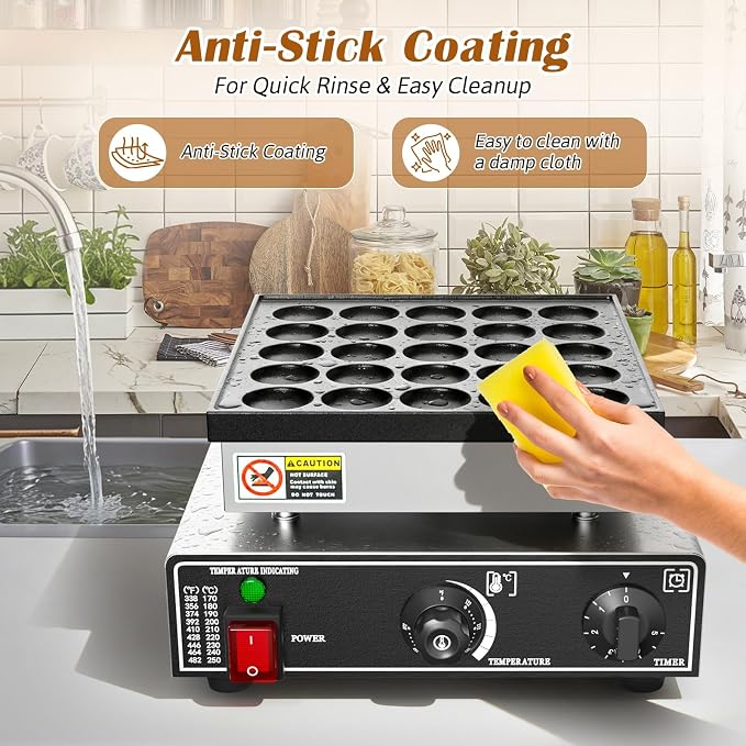 Baotree 25PCS Commercial Mini Dutch Pancake Maker, 110V 950W Mini Dutch Pancake Maker, 1.77 Inches Pancake Maker with 2 Thermostats & 2 Timers Separate Control, for Home and Restaurants
