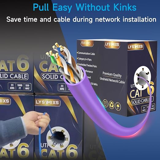 Cat6 Ethernet Cable 1000FT Channel Test Pass, Cat6 1000ft Ethernet Cable 23AWG Solid CCA, Cat6 Cable 550MHZ 10G with Easy Pull Box Purple