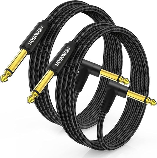 HOSONGIN Guitar Cable 3.3 feet 2 Pack - 1/4 Inch Electric Instrument Cable Bass AMP Cord for Electric Guitar, Bass Guitar, Electric Mandolin, Pro Audio - Black Nylon Braided, 24K Gold Plated Plug
