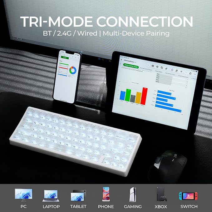 HITIME x XVX M67 JadeStone 60% Wireless Mechanical Gaming Keyboard, VIA Programmable, BT5.0/2.4G/USB-C Creamy Keyboard with Gasket, Hot Swap, RGB Backlits, NKRO for Win/Mac (White, Forged Carbon)
