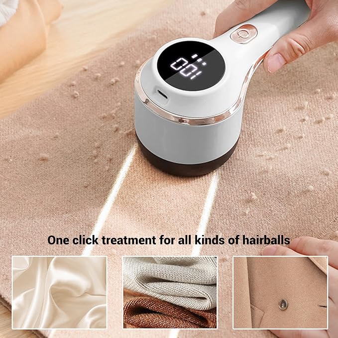 Electric Fabric Shaver Lint Remover, Rechargeable Electric Portable Sweater Defuzzer with Digital Display, Adjustable 6 Leaf Blades Lint Remover for Clothes Furniture (White)