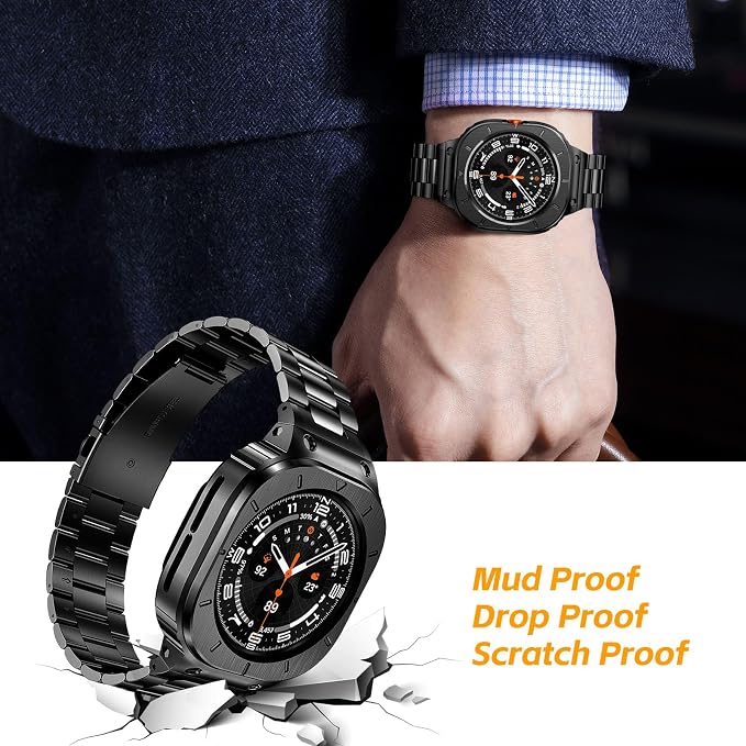 SUPLINK Stainless Steel Bands Compatible with Samsung Galaxy Watch Ultra Band for Men (2025/2024), Adjustable Metal Band Protective Bumper for Galaxy Watch Ultra Case Accessories 47mm,Black