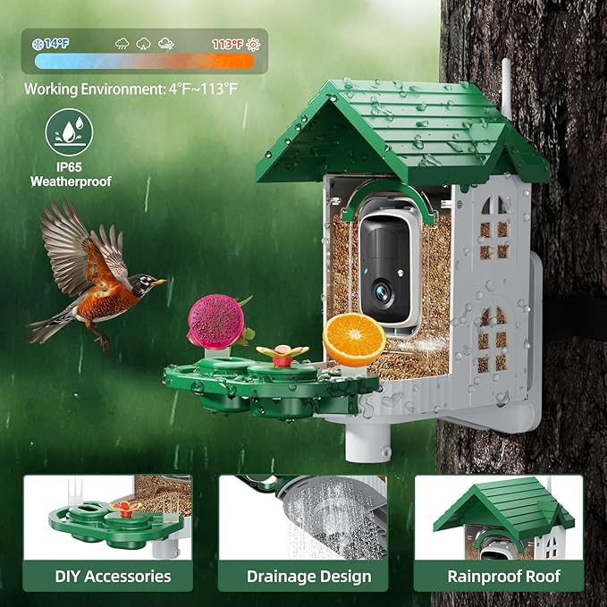 SV3C Bird Feeder with Camera Solar Powered, Smart Camera Bird Feeder with AI Identify BirdSpecies, Instant Alerts, 2K HD Video, Various DIY Addons, 2.4G WiFi, Gift for Mom Dad and Birdlover (Green)