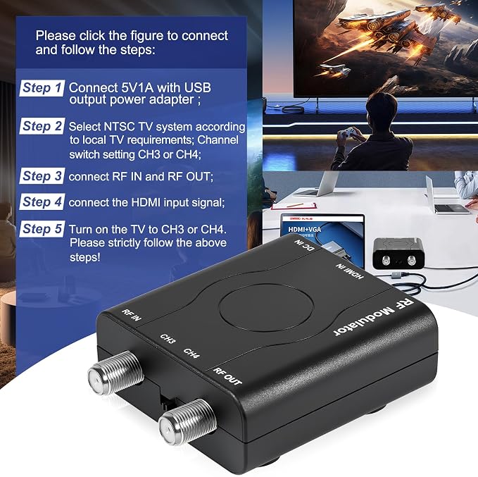 HDMI to RF Modulator, HDM61 VHF HDMI to RF Converter Adapter for TV NTSC Format Output, 1080P PLL Control for Home TV Game Console