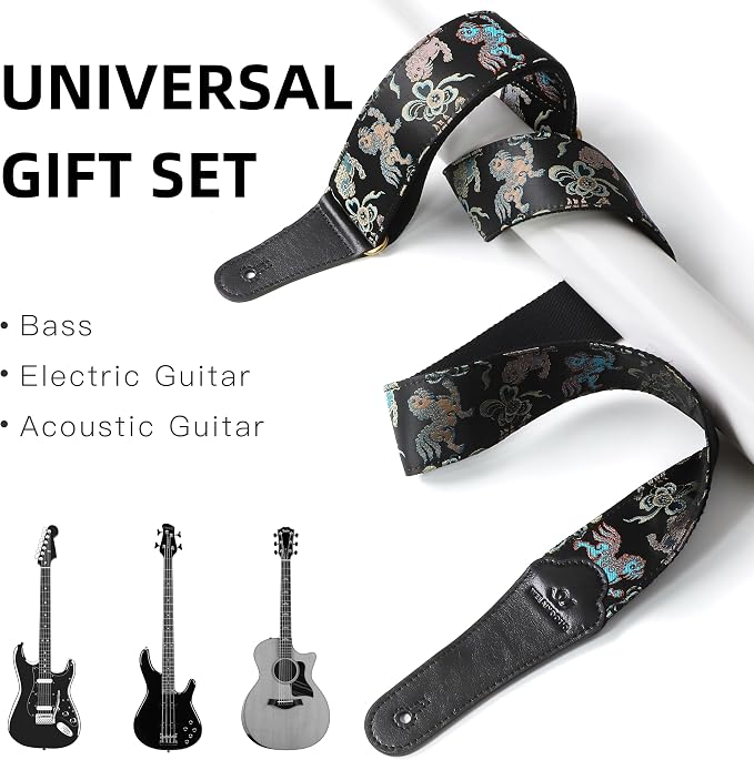 Guitar Strap, Electric& Acoustic bass guitar straps,embroidered filament with Head Cowhide Leather strap, with Free Strap Button,2 guitar Strap Locks，4Guitar Pick (birds and flowers)