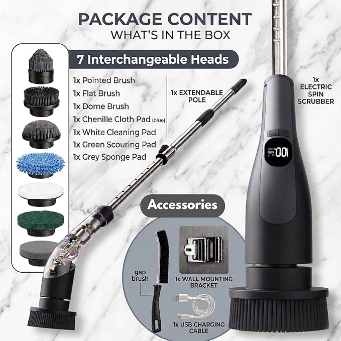 LIVINGPRO Electric Spin Scrubber for Bathroom Cleaning, Cordless Power Scrubber with 70W Dual Speed Motor, LCD Display, IPX7 Waterproof, Adjustable Handle, 7 Brush Heads for Tub Tile Shower Kitchen