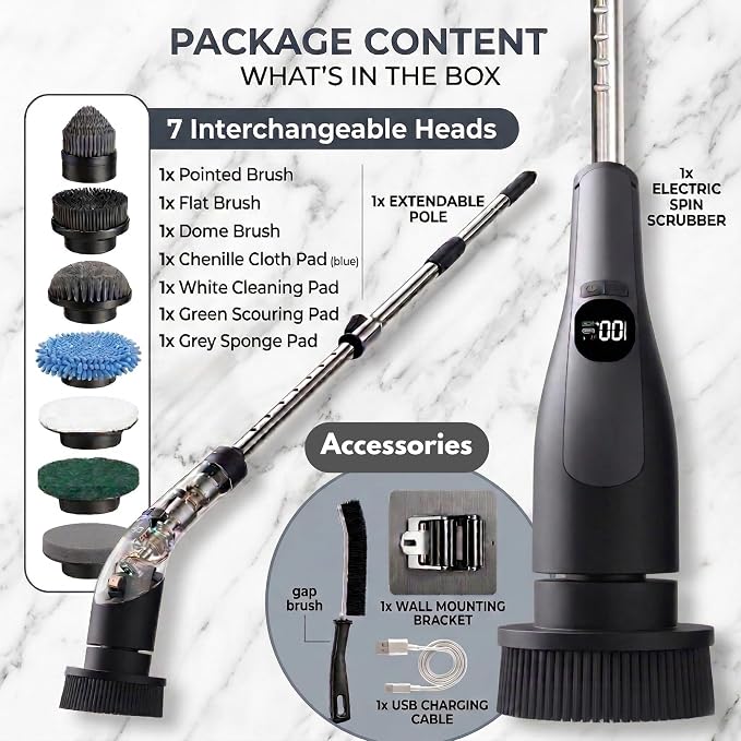 LIVINGPRO Electric Spin Scrubber with LCD Display, Cordless Cleaning Scrubber for Home, Upgraded 70W Dual Speed Motor, IPX7 Waterproof Power Scrubber, 7 Brush Heads, Extendable Long Handle