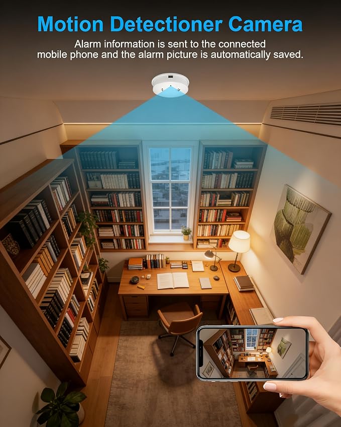 HD 1080P Camera Smoke Detector,WiFi Mini Small Nanny Cam with Motion Detection, Indoor Wireless Surveillance for Home Security/Office with app, No Audio