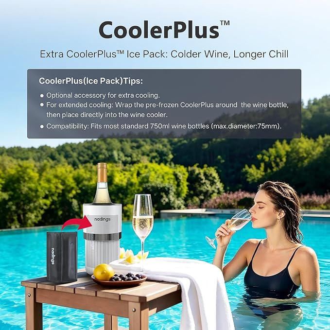 Iceless Wine Chiller, Keeps Cold 6+ Hours, Fits Most Wine Bottles | Vacuum Insulated, 18/8 Stainless Steel, Portable, Fits Most Standard 750ml Wine & Champagne Bottles, White
