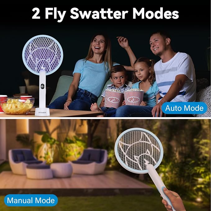 Nymrix Electric Fly Swatter Racket, 2 in 1 Mosquito Bug Zapper 4100V Max Handheld Mosquito Killer with 1800 mAh Rechargeable Battery, Purple Light and 3-Layer Safety Mesh for Indoor Outdoor Blue