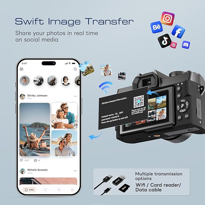 G-Anica 8K Digital Cameras for Photography with Dual-Lens, 64MP WiFi Vlogging Point and Shoot Camera Kit with 180° Flip Screen, 16X Zoom, 64GB Card, Portable Camera for Beginners, Teens, 2 Batteries