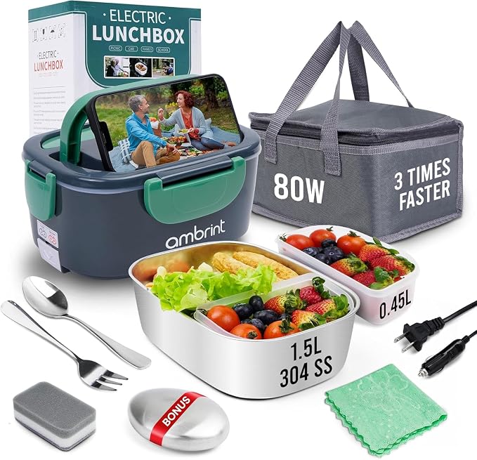 80W Electric Lunch Box for Adults - Heated Lunch Box & Portable Food Warmer with 1.5L Stainless Steel Container | 12V/24V/110-220V Lonchera Eléctrica Portátil for Car, Truck & Office - Green